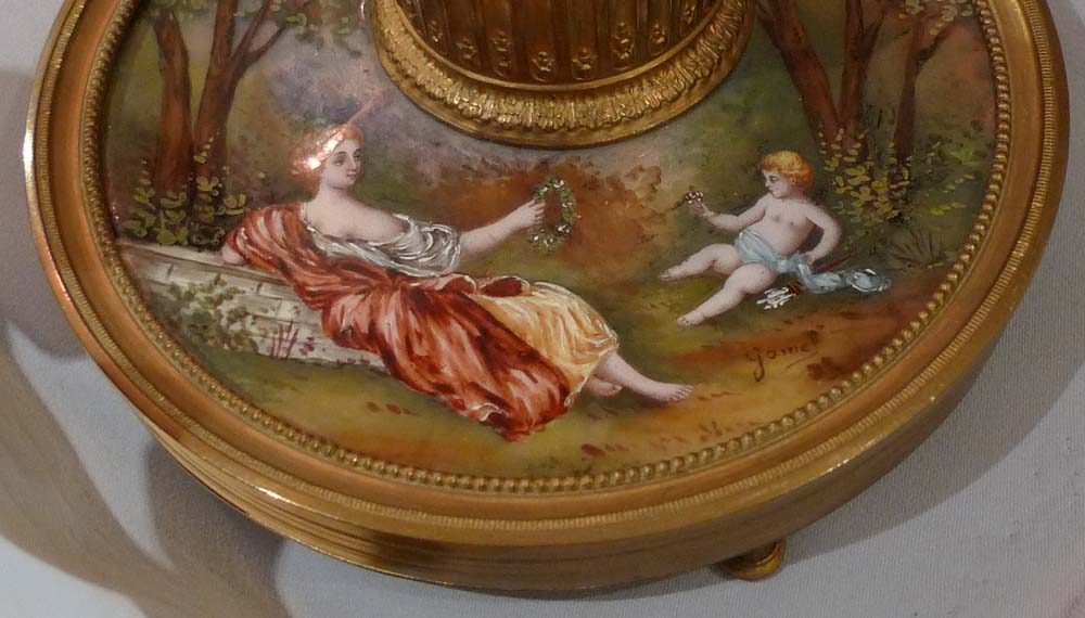 Antique French hand painted Limoges enamel and gilt metal inkwell.