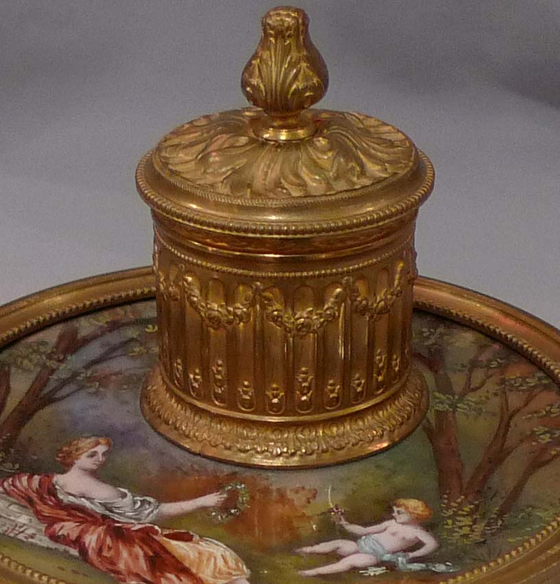 Antique French hand painted Limoges enamel and gilt metal inkwell.