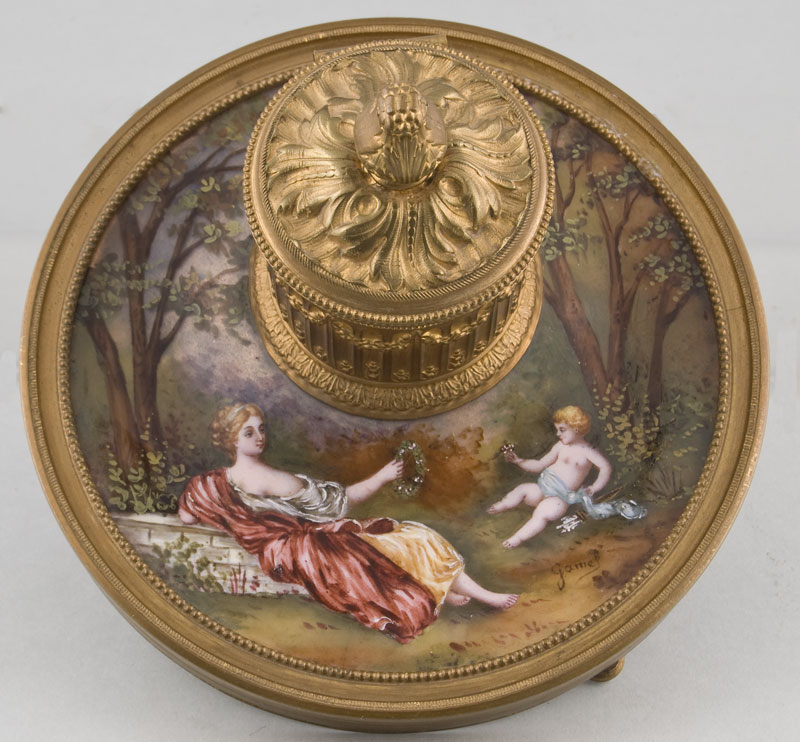 Antique French hand painted Limoges enamel and gilt metal inkwell.