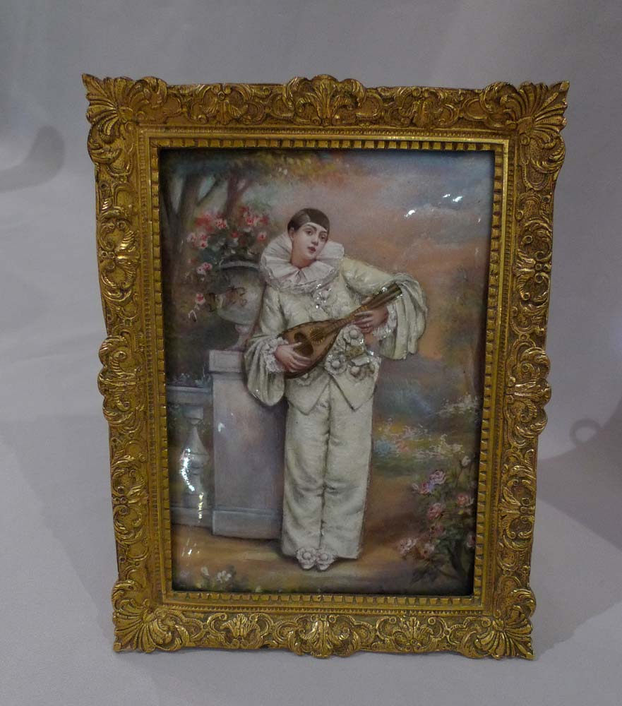 Antique Enamel of Columbine signed Auguste Jean in fine ormolu frame.