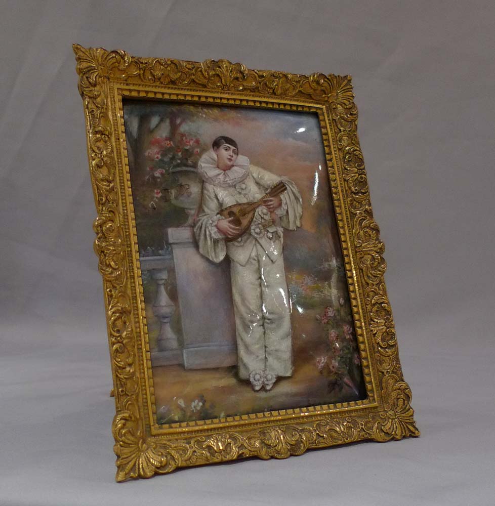 Antique Enamel of Columbine signed Auguste Jean in fine ormolu frame.