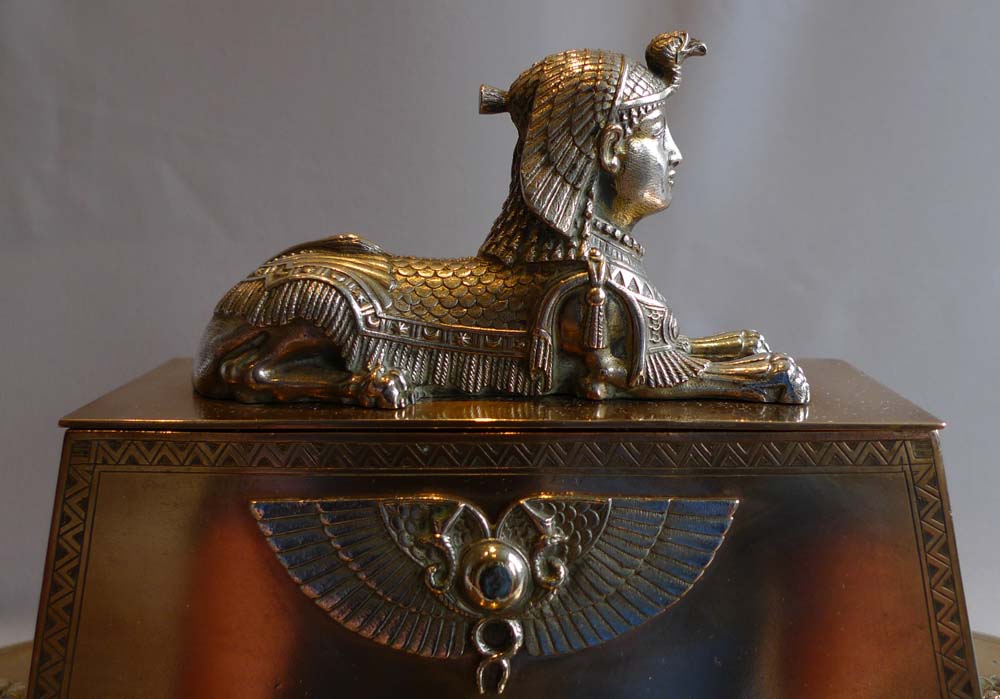 Antique Egyptian Revival ink stand, English in silvered and gilt bronze.