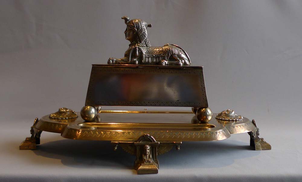Antique Egyptian Revival ink stand, English in silvered and gilt bronze.