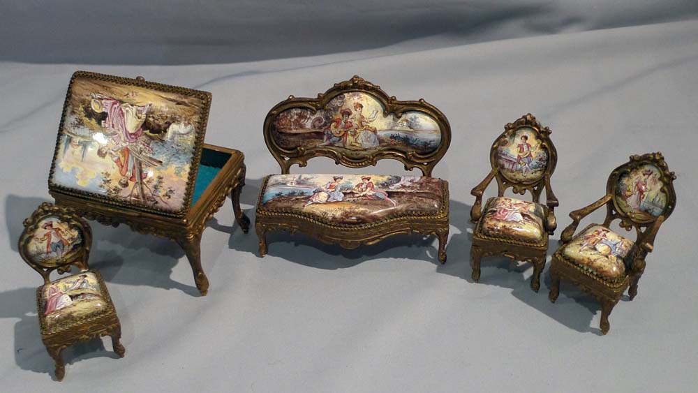 Austrian enamel , hand painted and gilt bronze miniature furniture.