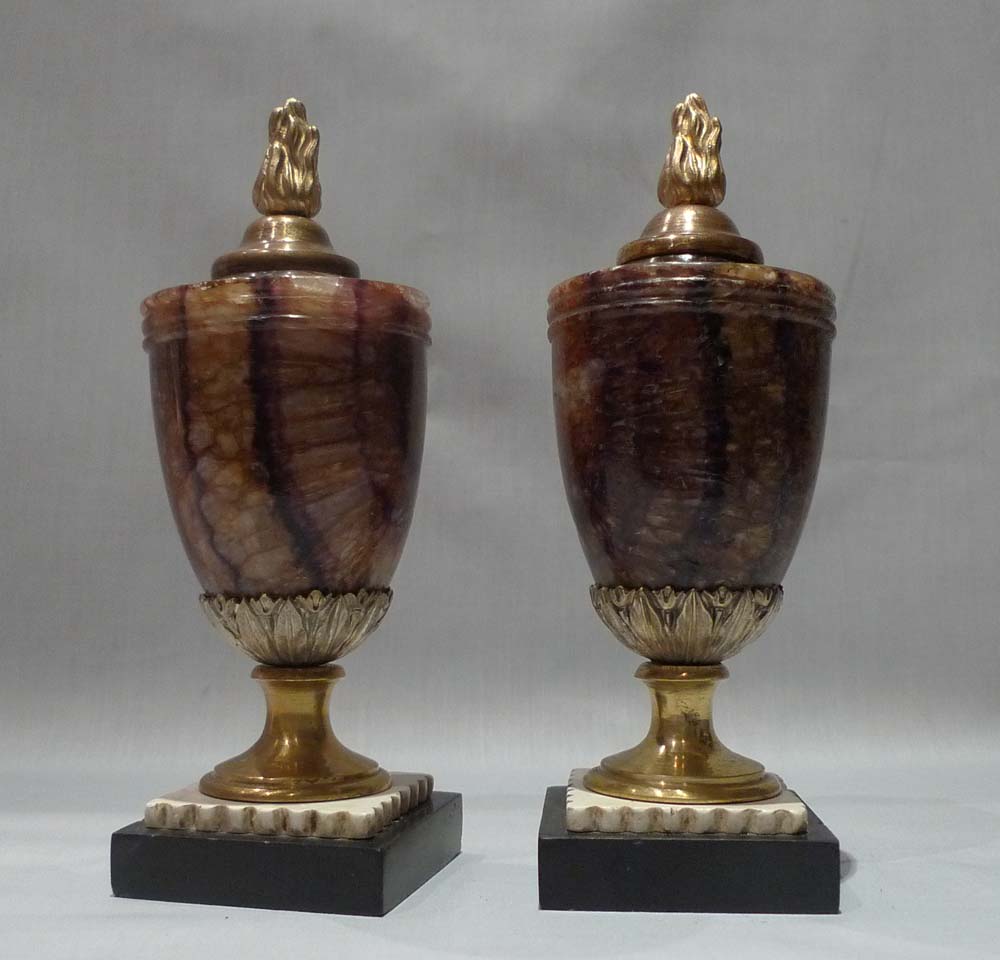 Blue John urns, ormolu mounted, antique 18th century.