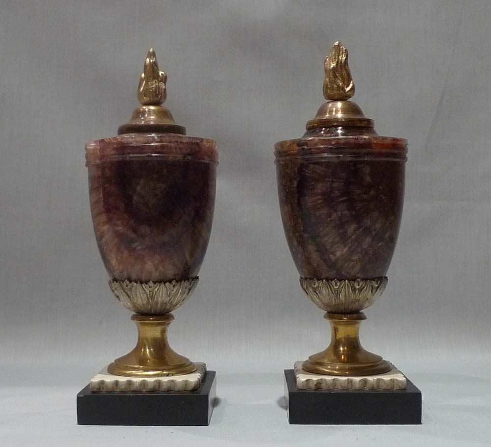 Blue John urns, ormolu mounted, antique 18th century.