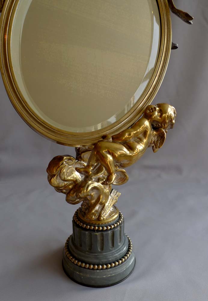 Antique French Napoleon III ormolu and silvered bronze mirror with cupids signed and dated 1870