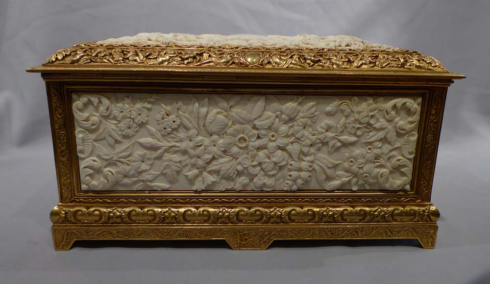 Antique carved ivory and ormolu casket.