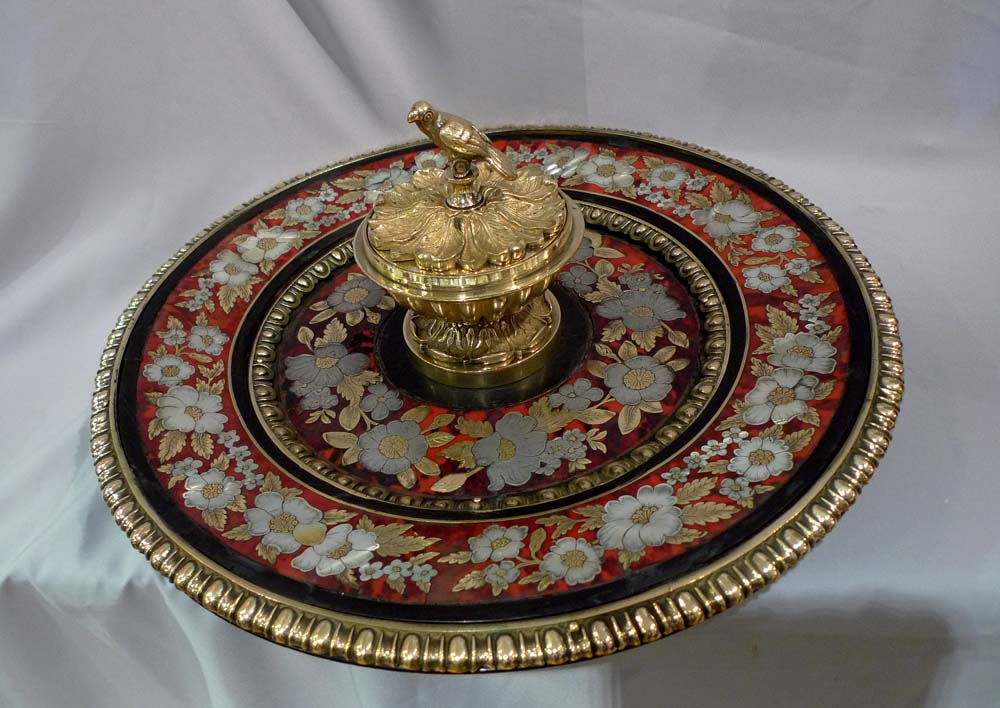 Antique boulle centrepiece with ormolu, pewter and mother-of-pearl decoration on red tortoiseshell.