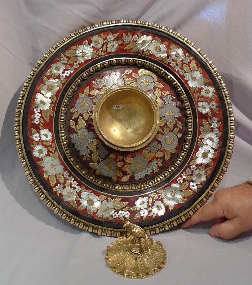 Antique boulle centrepiece with ormolu, pewter and mother-of-pearl decoration on red tortoiseshell.