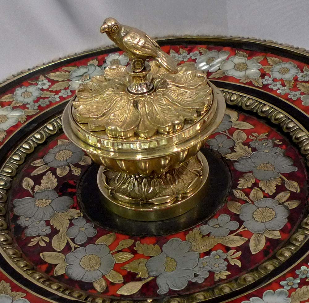 Antique boulle centrepiece with ormolu, pewter and mother-of-pearl decoration on red tortoiseshell.