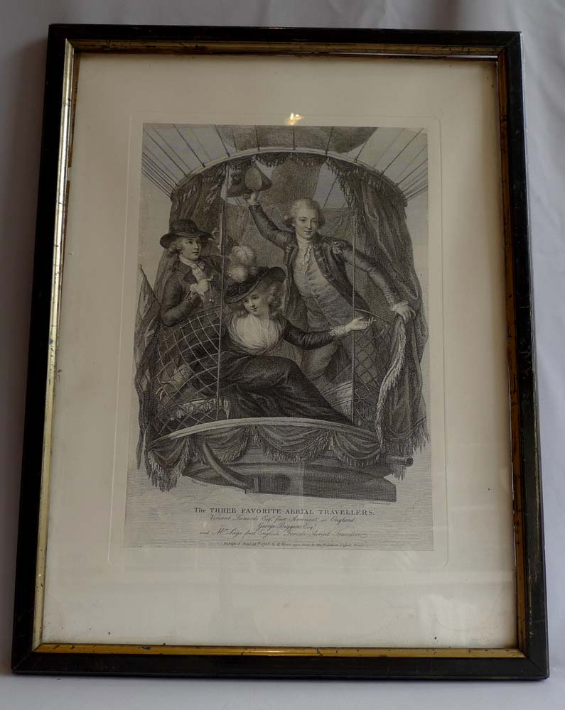 Antique print of hot air balloonists by Wyatt dated 1785 in frame.
