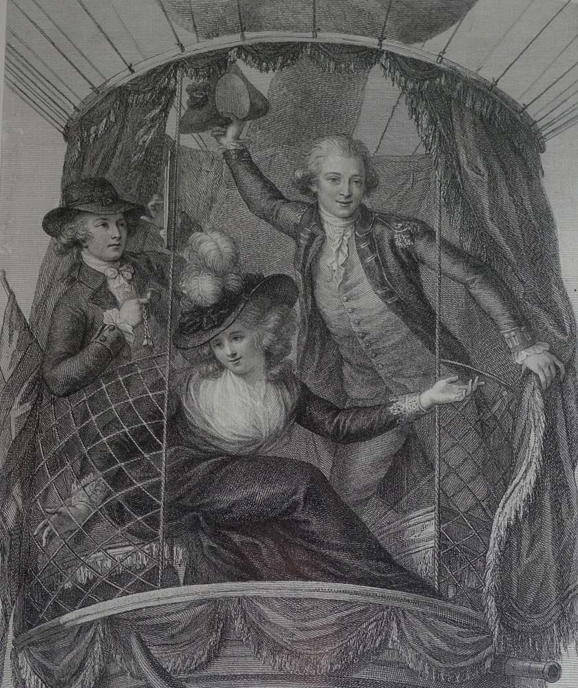 Antique print of hot air balloonists by Wyatt dated 1785 in frame.