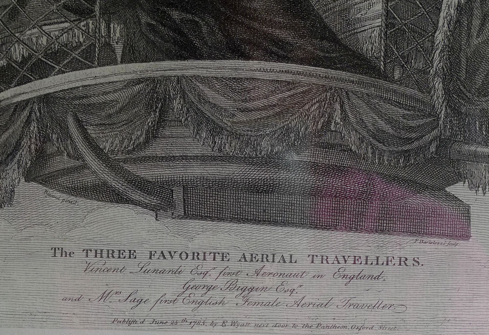Antique print of hot air balloonists by Wyatt dated 1785 in frame.