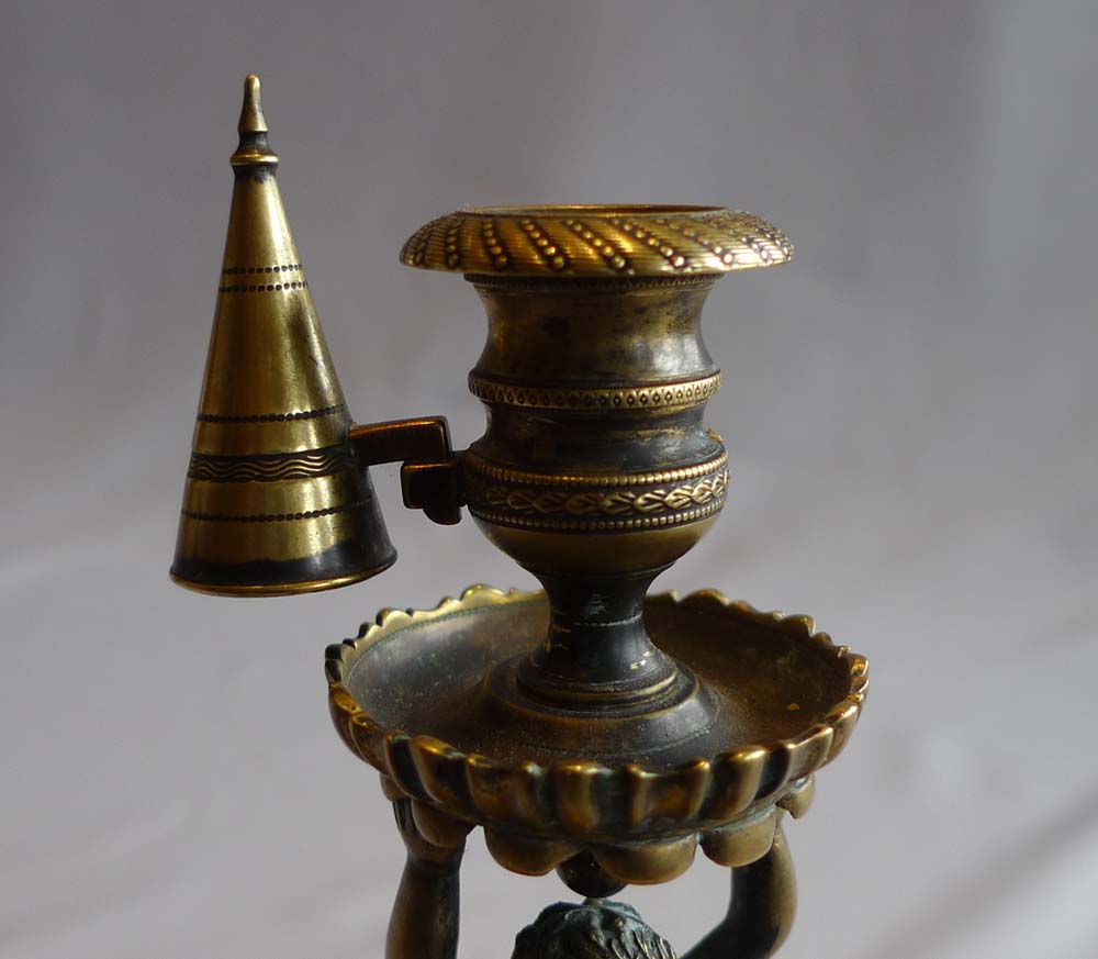 Antique English figural candlestick with snuffer on boulle base signed Wright and dated 1838.