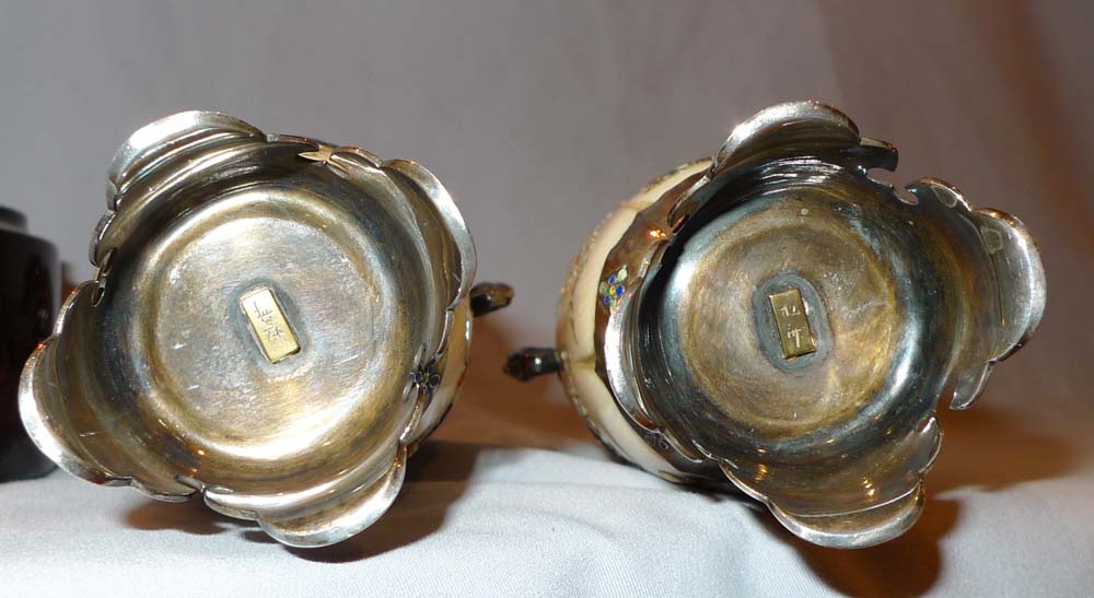 Japanese shibayama vases, a pair in ivory, silver, mother of pearl and semi precious stones.