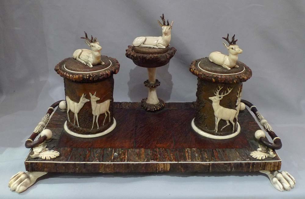 Stag horn ecrier or desk set, 19th century German.