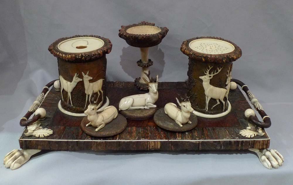 Stag horn ecrier or desk set, 19th century German.