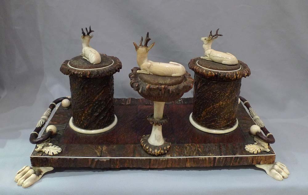Stag horn ecrier or desk set, 19th century German.