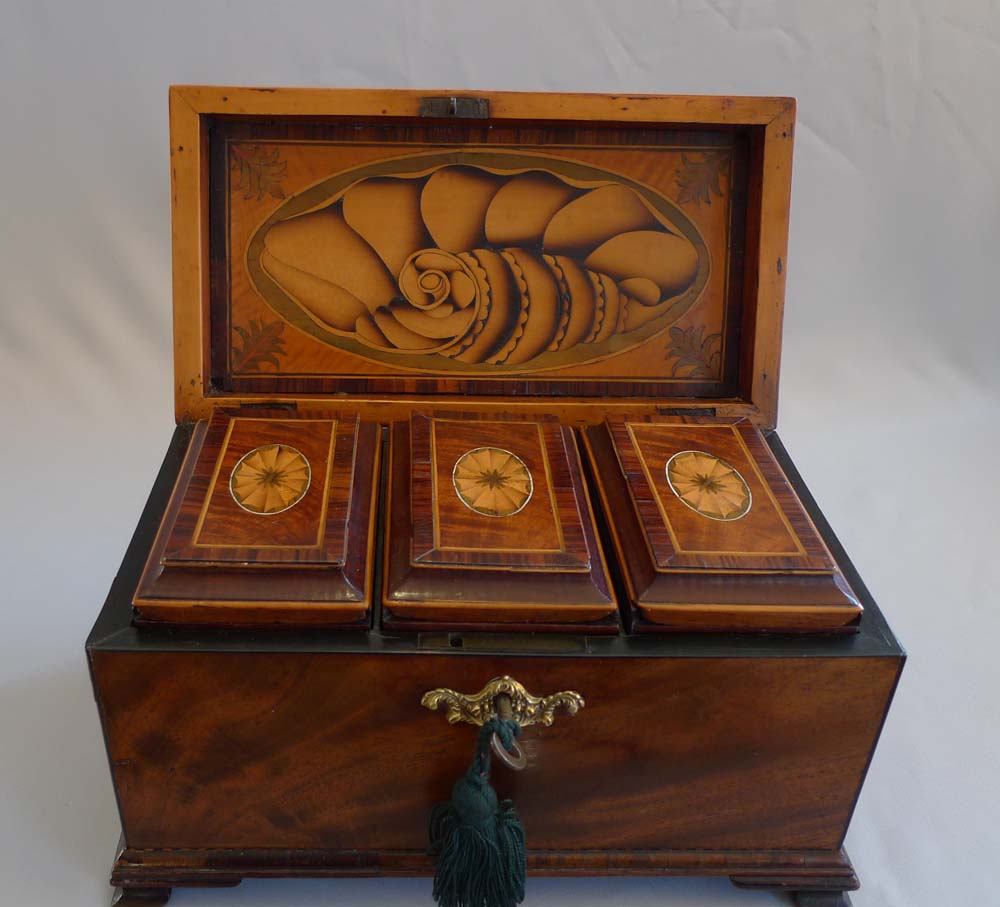 English George III inlaid mahagany triple tea caddy.