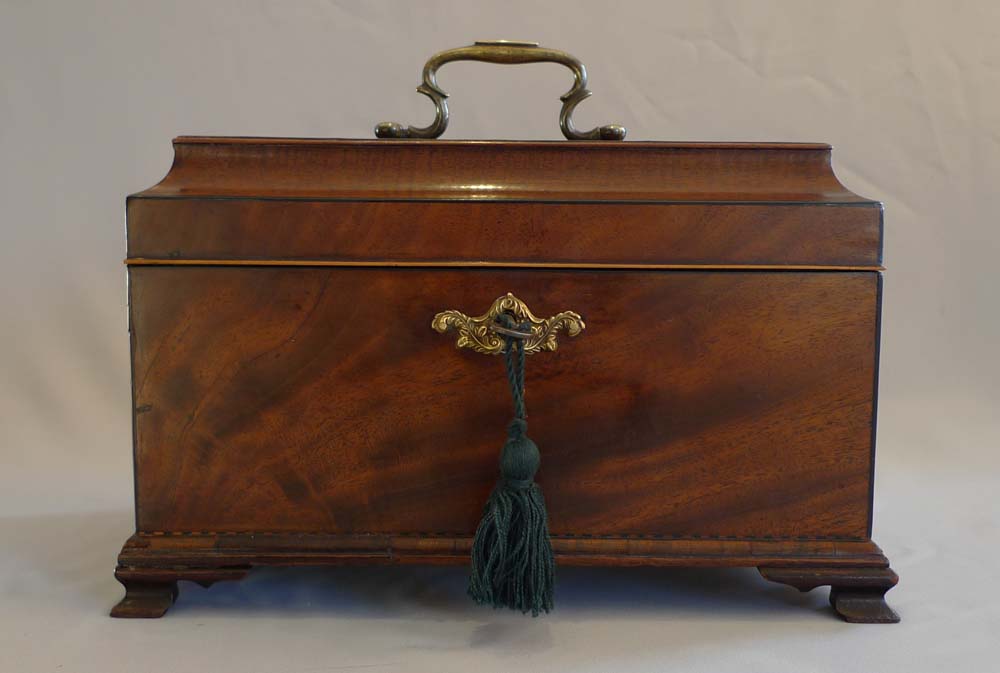 English George III inlaid mahagany triple tea caddy.