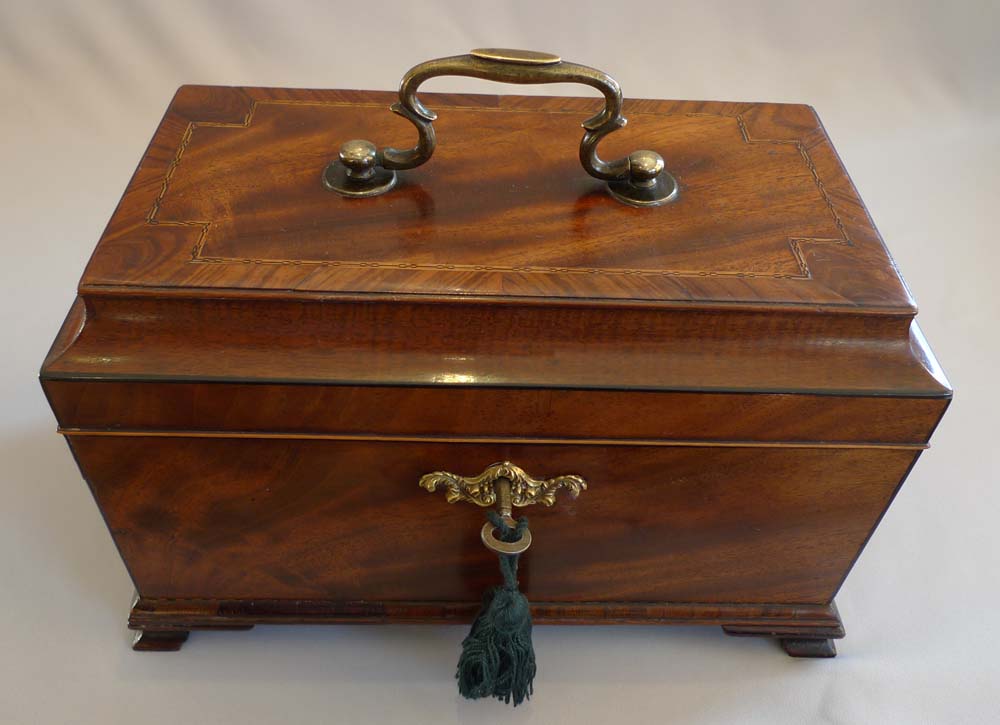 English George III inlaid mahagany triple tea caddy.