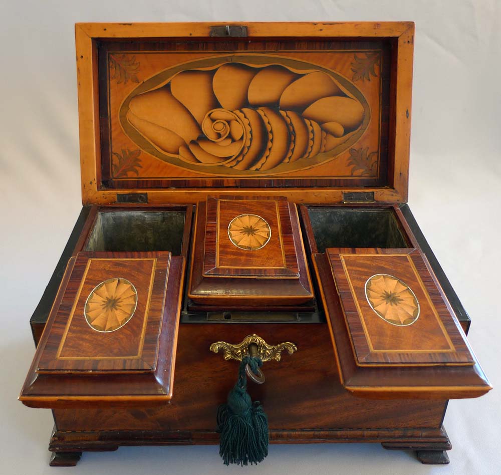 English George III inlaid mahagany triple tea caddy.