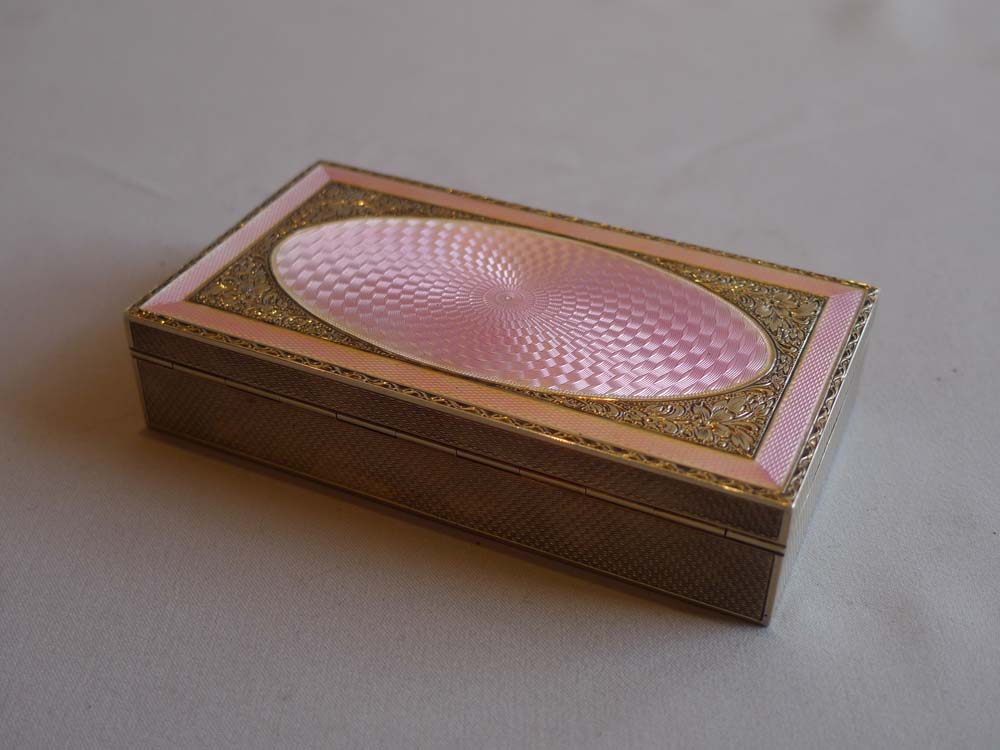 Asprey silver and pink guilloche enamel necessaire.