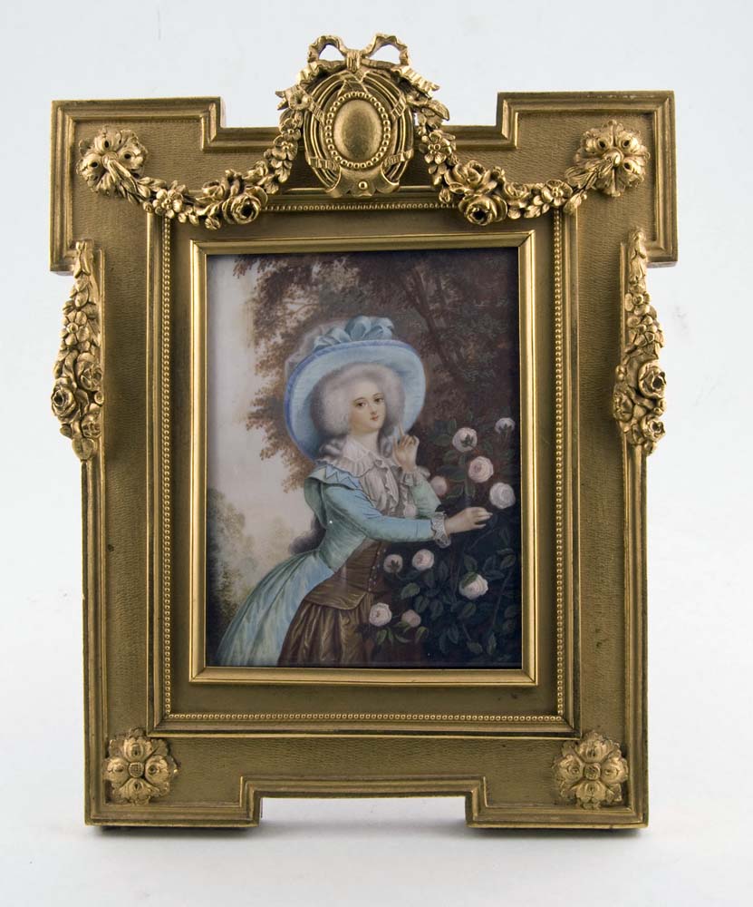 Miniature watercolour on ivory in fine ormolu frame signed and dated.