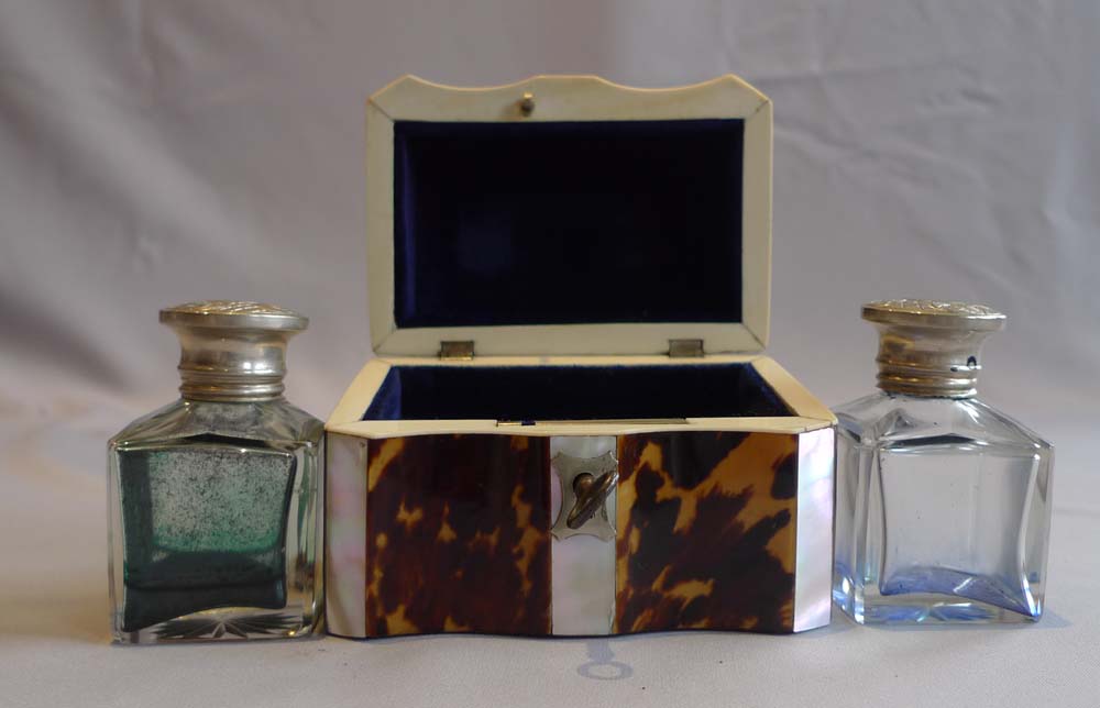 Tortoiseshell and ivory ink box with original inkpots