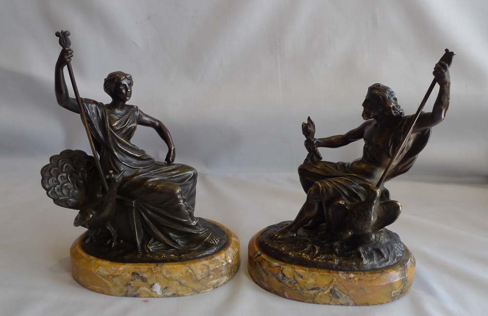 Antique Grand Tour pair of bronzes on Sienna marble bases of Juno and Jupiter.