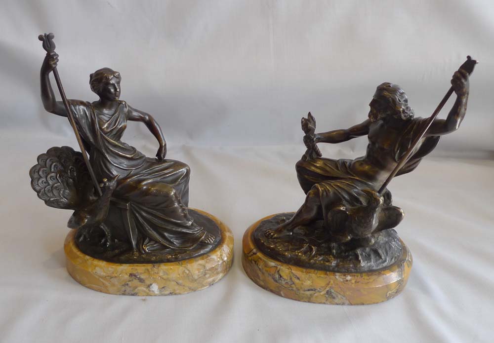 Antique Grand Tour pair of bronzes on Sienna marble bases of Juno and Jupiter.
