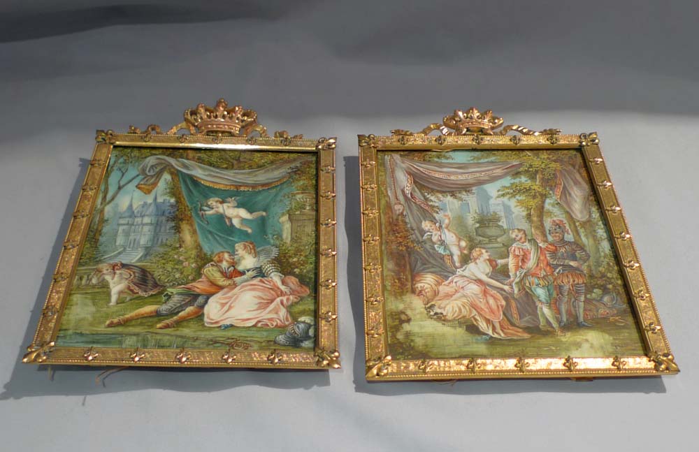 Watercolour on ivory, pair in gilded and crowned frames.