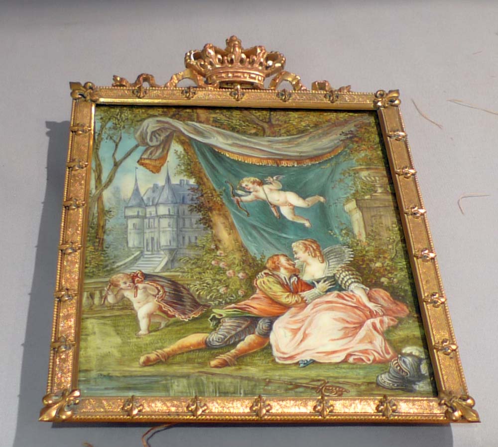 Watercolour on ivory, pair in gilded and crowned frames.