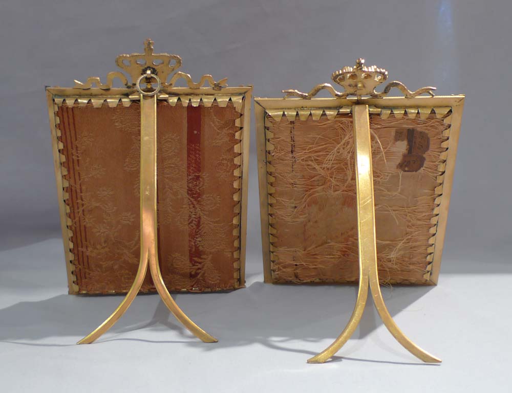 Watercolour on ivory, pair in gilded and crowned frames.