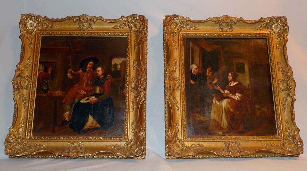 Pair of 19th century framed interior scenes in oil on metal after Dutch Masters.