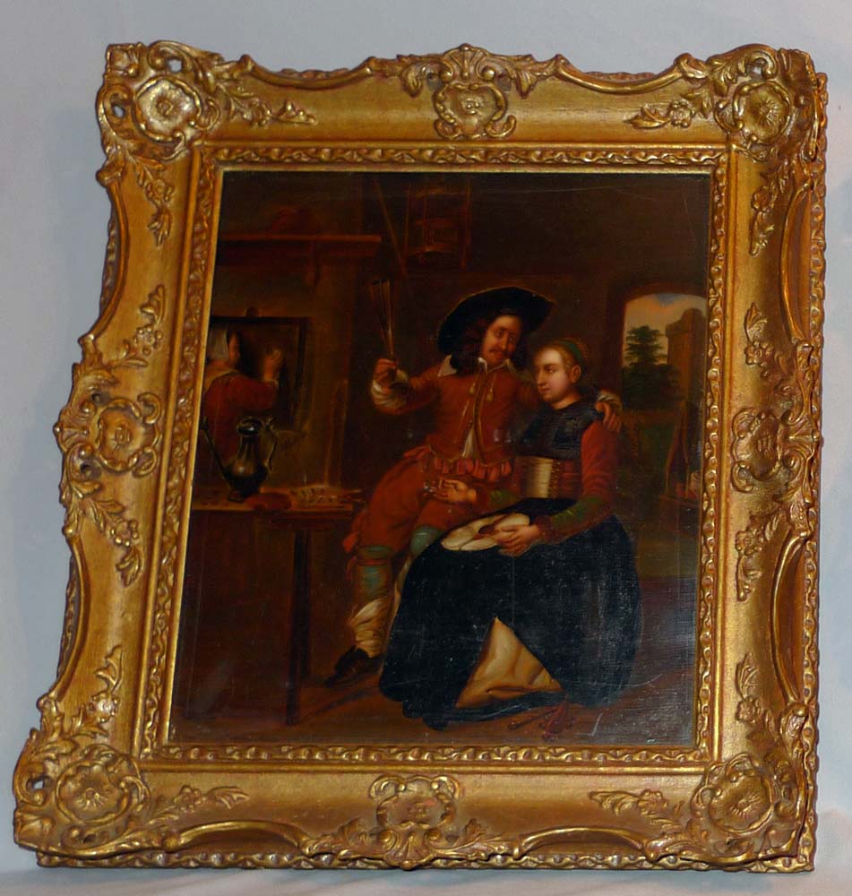 Pair of 19th century framed interior scenes in oil on metal after Dutch Masters.