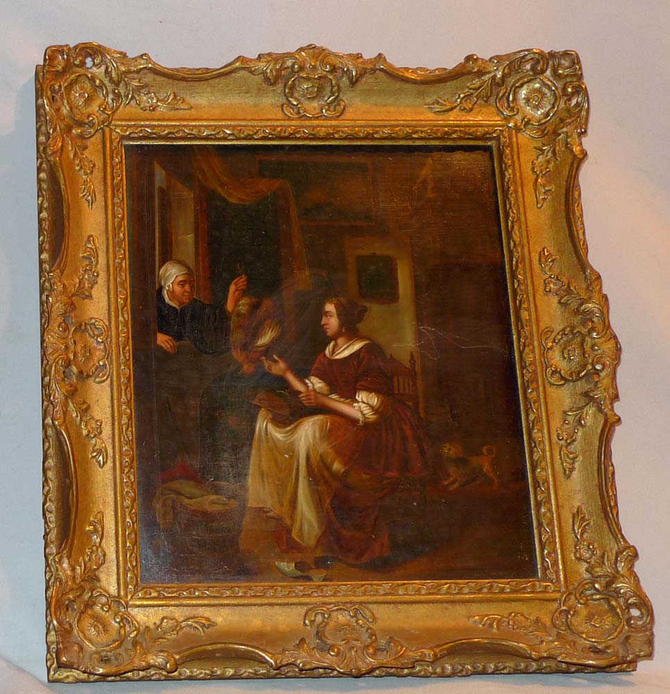Pair of 19th century framed interior scenes in oil on metal after Dutch Masters.