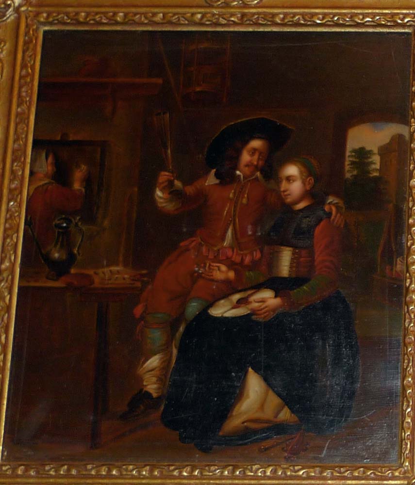 Pair of 19th century framed interior scenes in oil on metal after Dutch Masters.