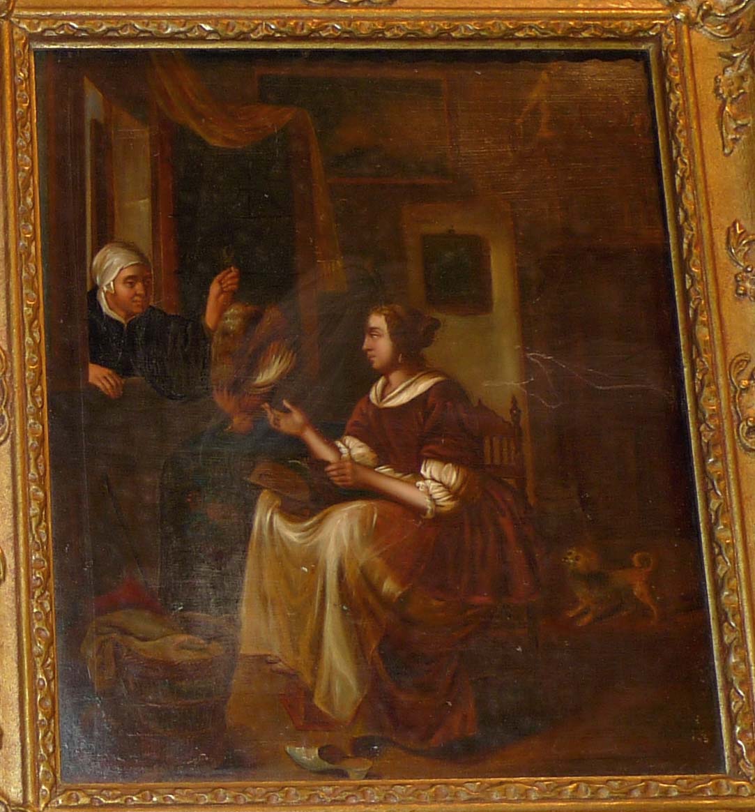 Pair of 19th century framed interior scenes in oil on metal after Dutch Masters.