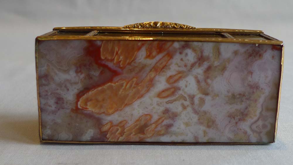 Split agate casket with gilt bronze banding, dome topped lid, Austro Hungarian.