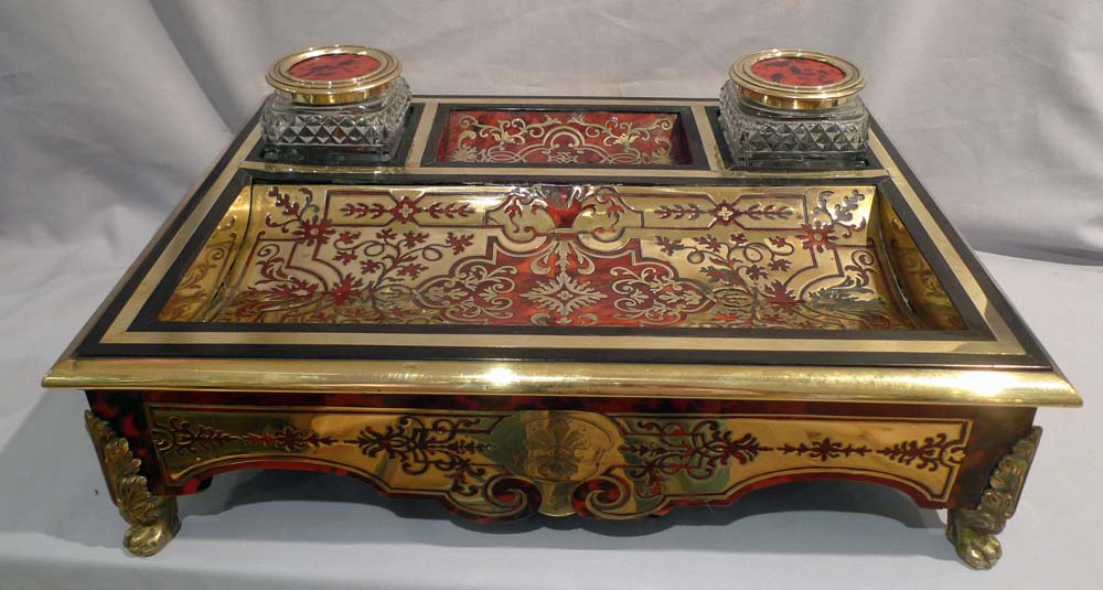 Antique English large boulle and cut glass desk set or ecrier.