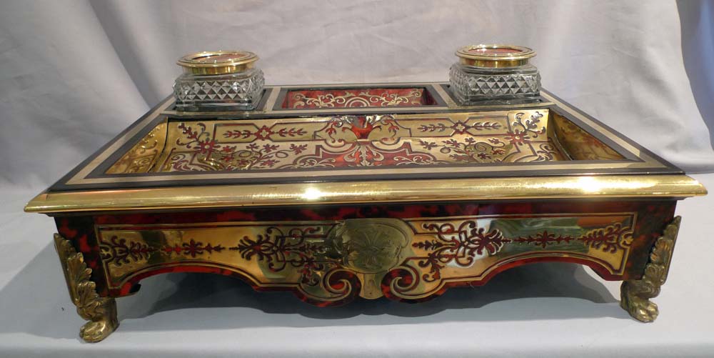 Antique English large boulle and cut glass desk set or ecrier.