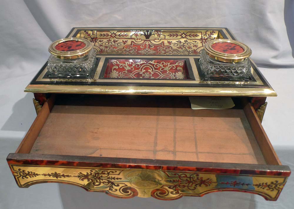 Antique English large boulle and cut glass desk set or ecrier.