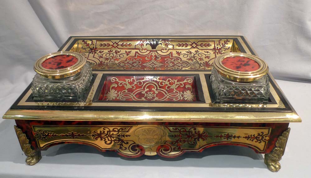 Antique English large boulle and cut glass desk set or ecrier.