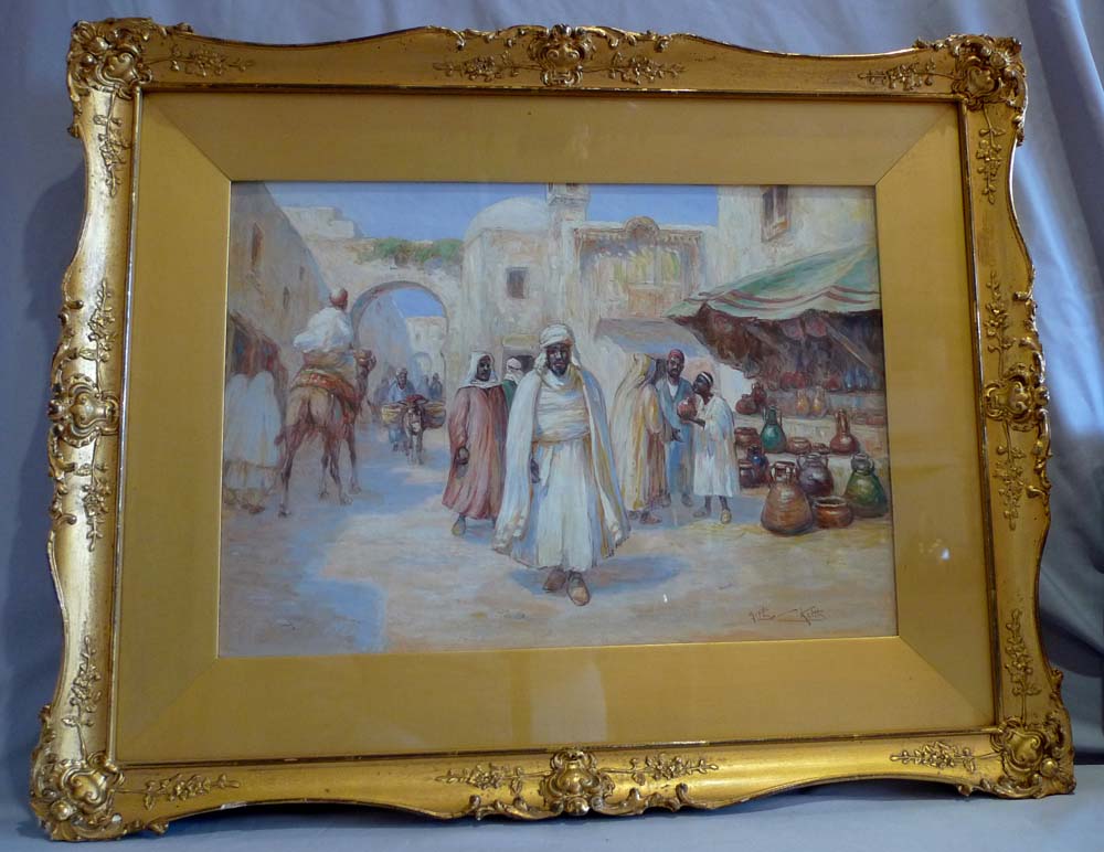 Orientalist watercolour of Arab market scene in fine gilt frame signed Keith.
