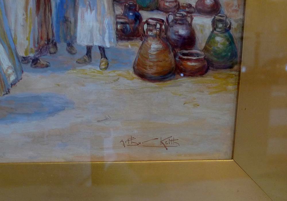 Orientalist watercolour of Arab market scene in fine gilt frame signed Keith.