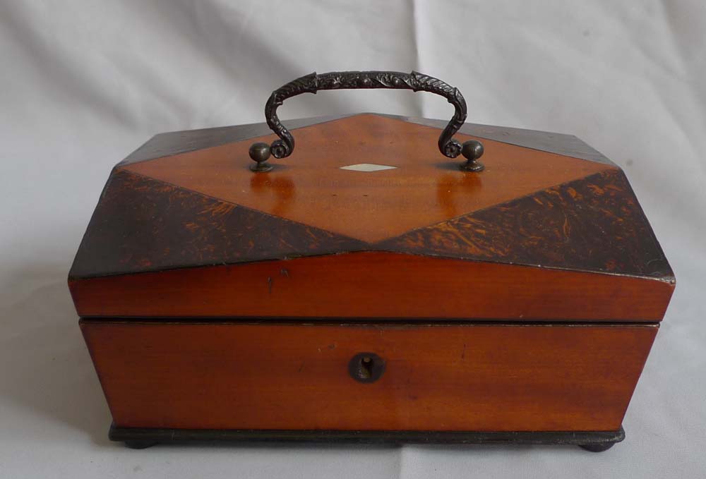 English late Regency wooden work box with accessories.