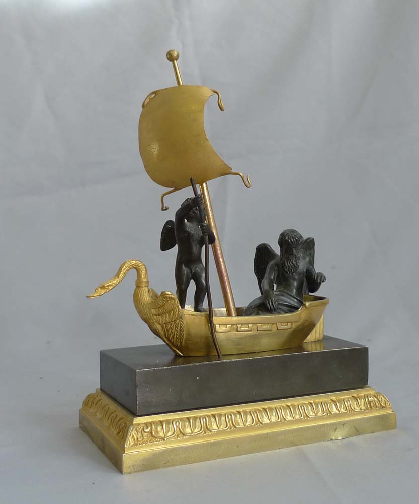 French antique inkwell or ecrier and watchstand with figure of Chronos and Cupid crossing the Styx.