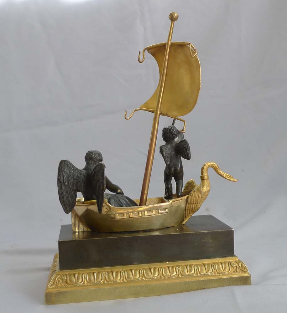 French antique inkwell or ecrier and watchstand with figure of Chronos and Cupid crossing the Styx.